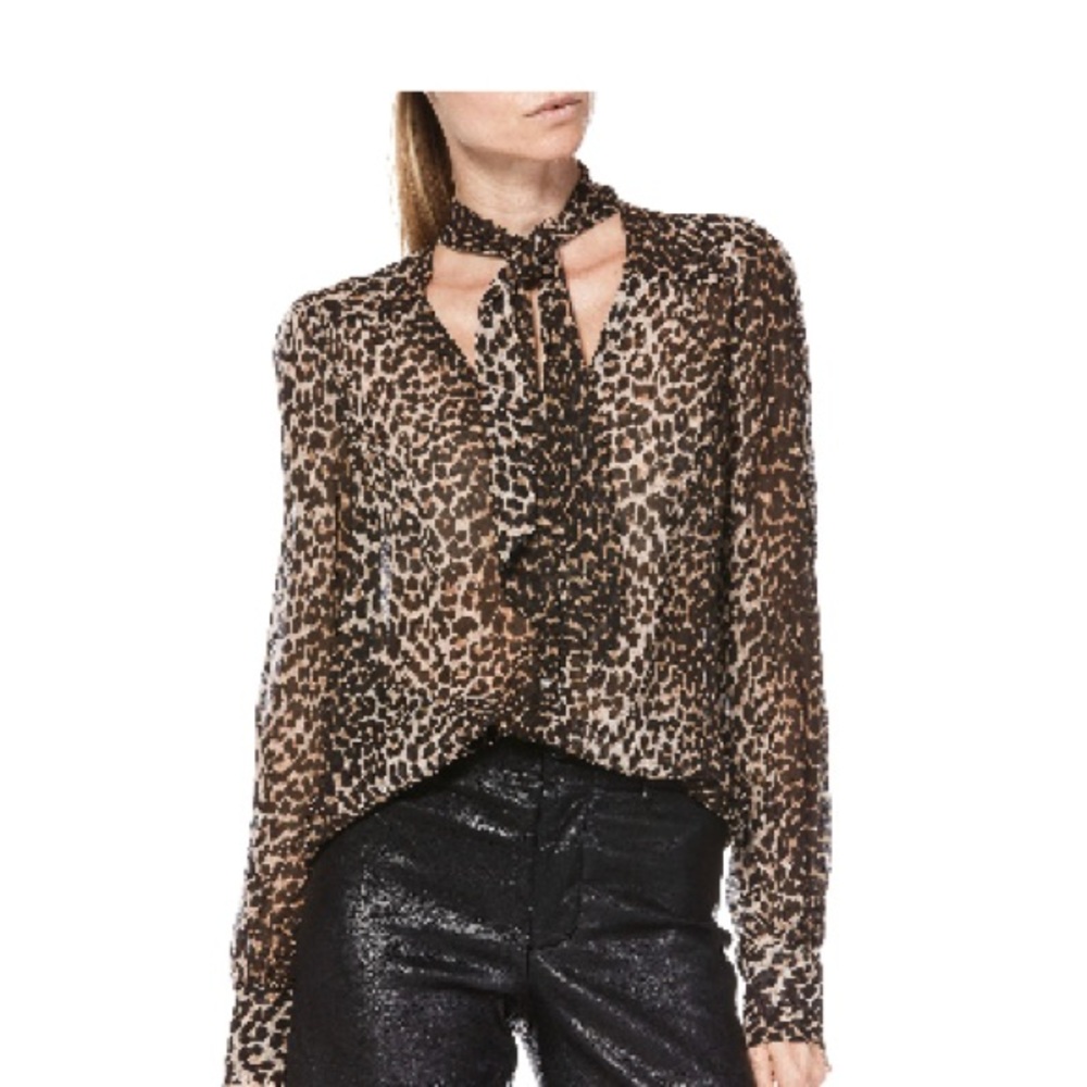 PAIGE 100% silk leopard blouse with neck tie